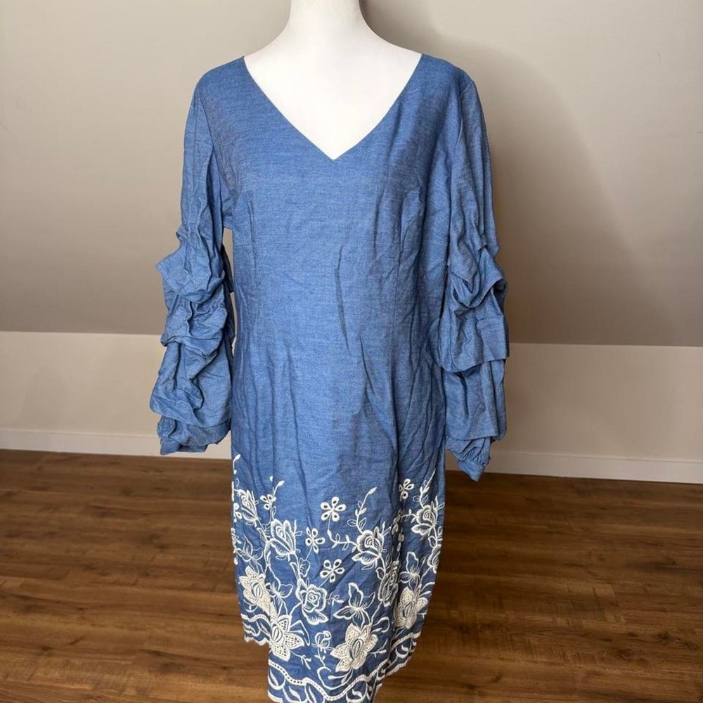 Leslie Fay Blue Embroidered Chambray Dress Ruffle Sleeve Cottagecore Boho